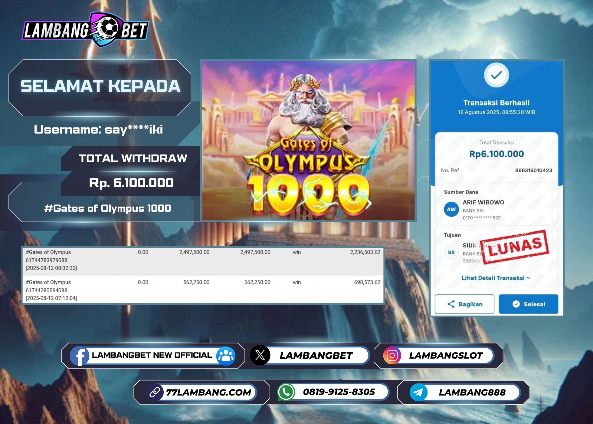 LAMBANGBET [12 AUGUST 2025] JACKPOT SLOT Gates of Olympus 1000 "Rp6.100.000" LUNAS